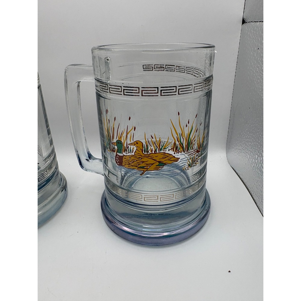 Vintage Wildlife Glass Beer Mugs Set of 2 Pheasant‎ & Mallard Duck Greek Key - Picture 2 of 11